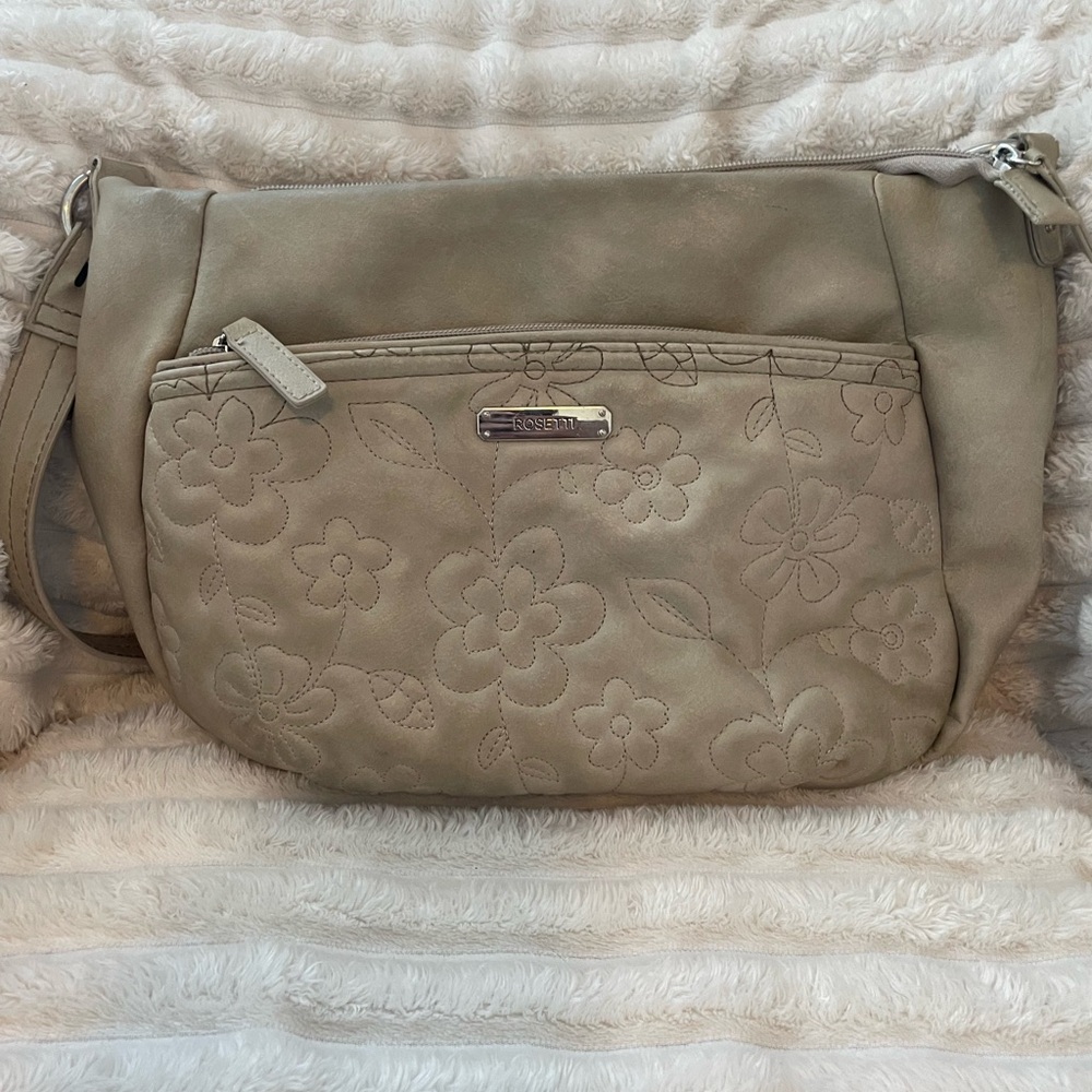 Floral Embossed Beige Multi-Pocket Crossbody Bag